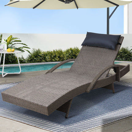 Gardeon Sun Lounge Wicker Lounger Outdoor Furniture Beach Armchair Adjustable Grey&Beige.