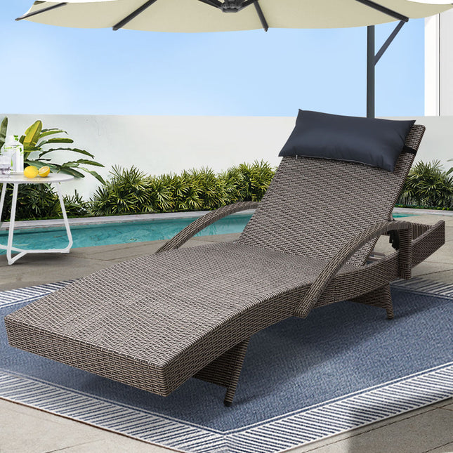 Gardeon Sun Lounge Wicker Lounger Outdoor Furniture Beach Armchair Adjustable Grey&Beige.