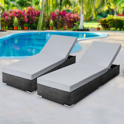 Gardeon 2PC Sun Lounge Wicker Lounger Outdoor Furniture Day Bed Adjustable Rattan Garden.