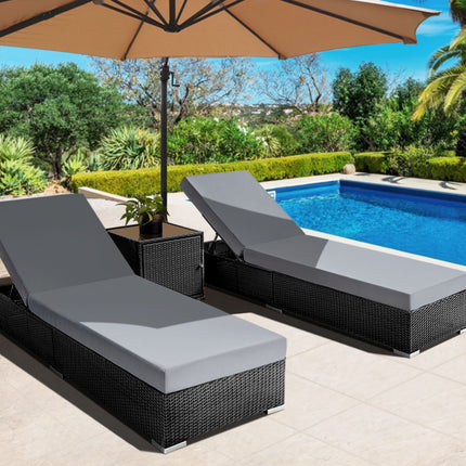 Gardeon 3PC Sun Lounge Wicker Lounger Outdoor Furniture Day Bed Rattan Garden.