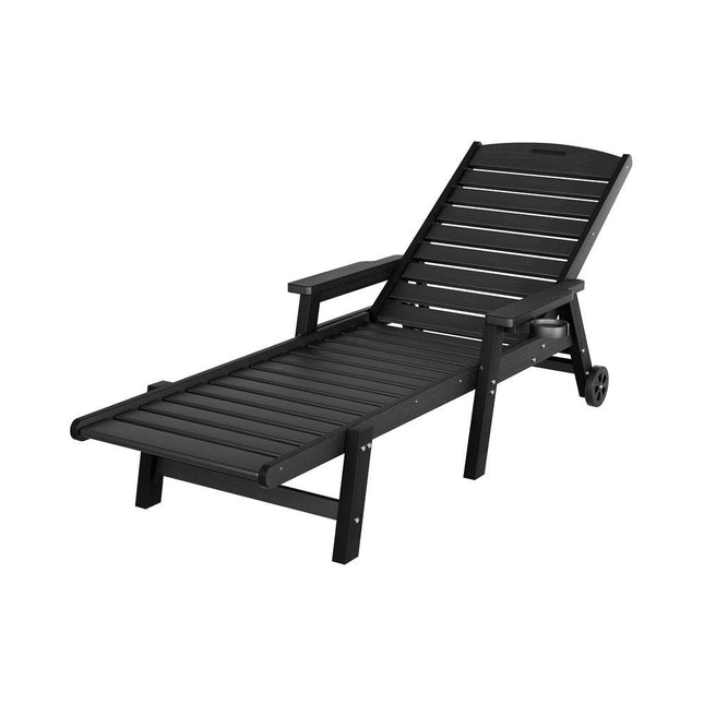 Gardeon Sun Lounge Lounger Beach Chair HDPE Patio Outdoor Furniture with Wheels Black.