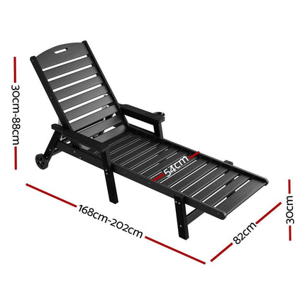 Gardeon Sun Lounge Lounger Beach Chair HDPE Patio Outdoor Furniture with Wheels Black.