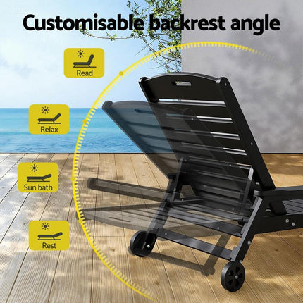 Gardeon Sun Lounge Lounger Beach Chair HDPE Patio Outdoor Furniture with Wheels Black.