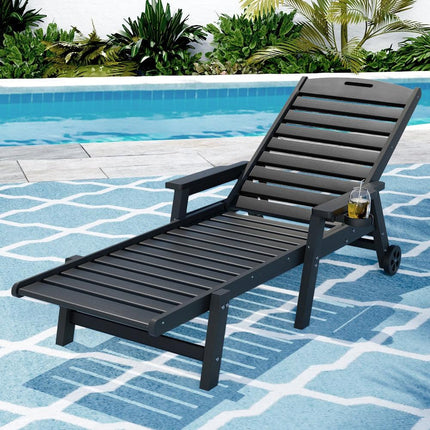 Gardeon Sun Lounge Lounger Beach Chair HDPE Patio Outdoor Furniture with Wheels Black.