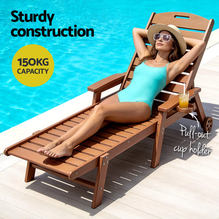 Gardeon Sun Lounge Lounger Beach Chair HDPE Patio Outdoor Furniture with Wheels Brown.
