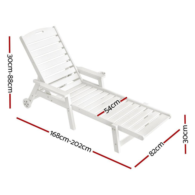 Gardeon Sun Lounge Lounger Beach Chair HDPE Patio Outdoor Furniture with Wheels White.