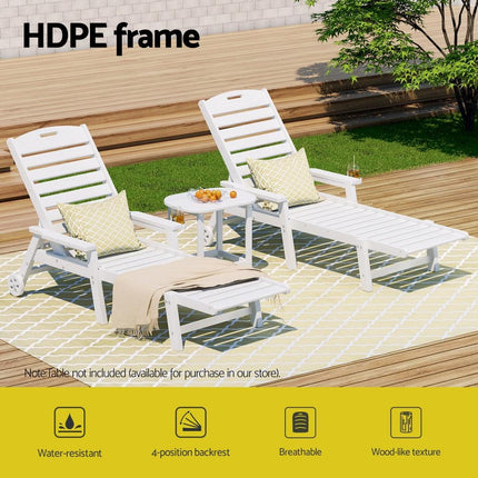 Gardeon Sun Lounge Lounger Beach Chair HDPE Patio Outdoor Furniture with Wheels White.
