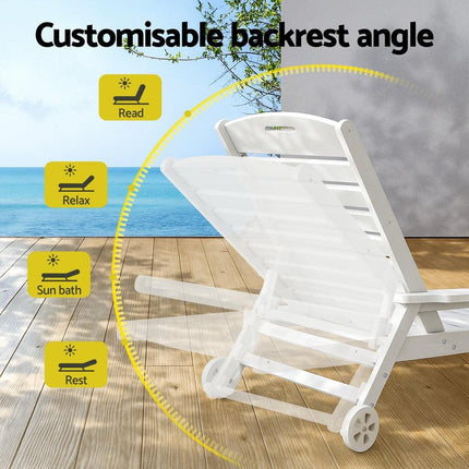 Gardeon Sun Lounge Lounger Beach Chair HDPE Patio Outdoor Furniture with Wheels White.