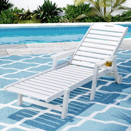 Gardeon Sun Lounge Lounger Beach Chair HDPE Patio Outdoor Furniture with Wheels White.