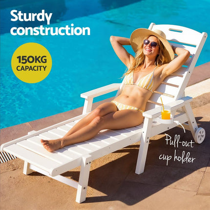 Gardeon 2PCS Sun Lounge Lounger Beach Chair HDPE Patio Outdoor Furniture with Wheels White
