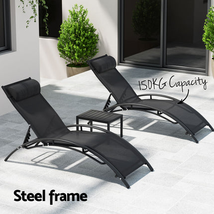 Gardeon 3PC Sun Lounge Outdoor Lounger Steel Table Chairs Patio Furniture Garden.