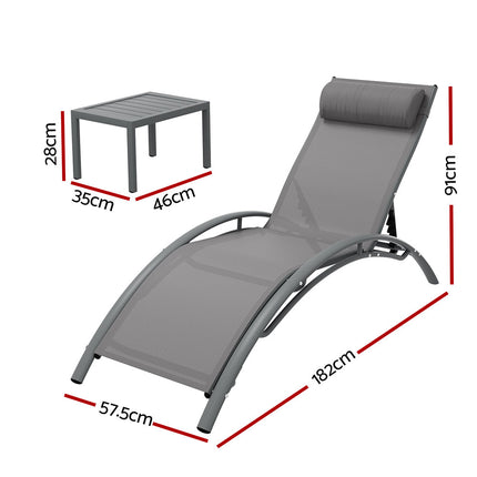 Gardeon 3PC Sun Lounge Outdoor Lounger Steel Table Chairs Patio Furniture Grey.