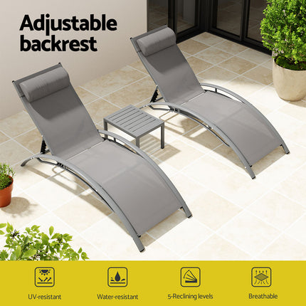 Gardeon 3PC Sun Lounge Outdoor Lounger Steel Table Chairs Patio Furniture Grey.