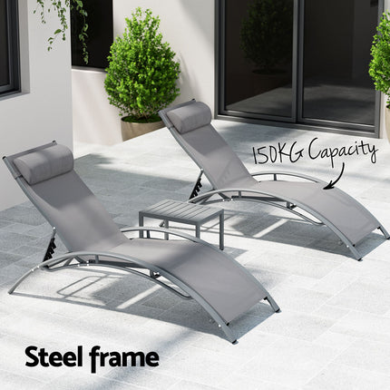 Gardeon 3PC Sun Lounge Outdoor Lounger Steel Table Chairs Patio Furniture Grey.