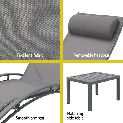 Gardeon 3PC Sun Lounge Outdoor Lounger Steel Table Chairs Patio Furniture Grey.