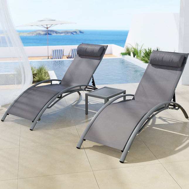 Gardeon 3PC Sun Lounge Outdoor Lounger Steel Table Chairs Patio Furniture Grey.