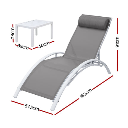 Gardeon 3PC Sun Lounge Outdoor Lounger Table Chairs Steel Patio Furniture Garden.