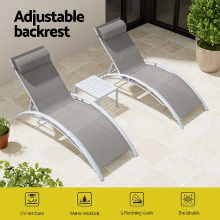 Gardeon 3PC Sun Lounge Outdoor Lounger Table Chairs Steel Patio Furniture Garden.