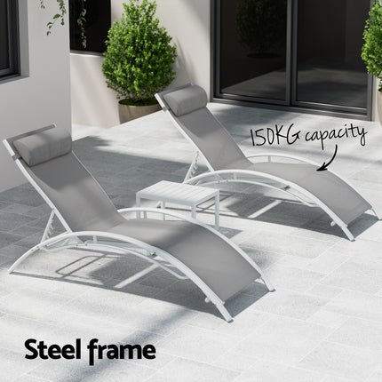 Gardeon 3PC Sun Lounge Outdoor Lounger Table Chairs Steel Patio Furniture Garden.
