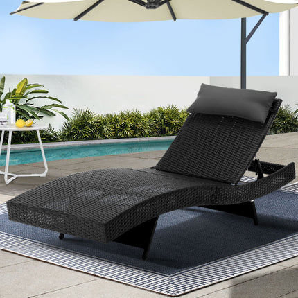 Gardeon Sun Lounge Wicker Lounger Outdoor Furniture Beach Chair Garden Adjustable Black.