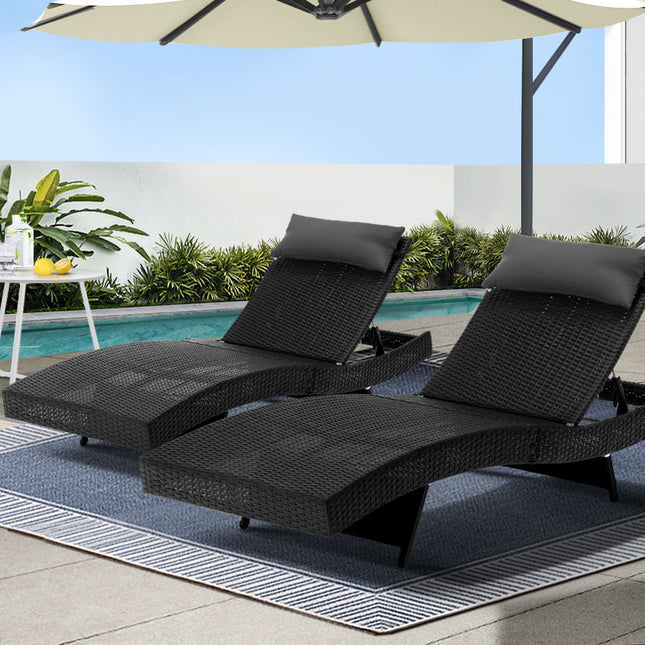 Gardeon 2PC Sun Lounge Wicker Lounger Outdoor Furniture Beach Chair Garden Adjustable Black.
