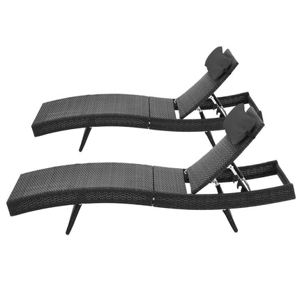 Gardeon 2PC Sun Lounge Wicker Lounger Outdoor Furniture Beach Chair Garden Adjustable Black.
