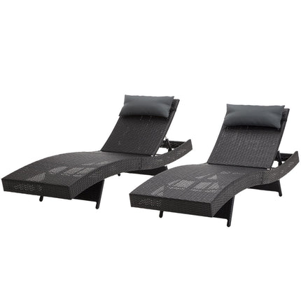 Gardeon 2PC Sun Lounge Wicker Lounger Outdoor Furniture Beach Chair Garden Adjustable Black.