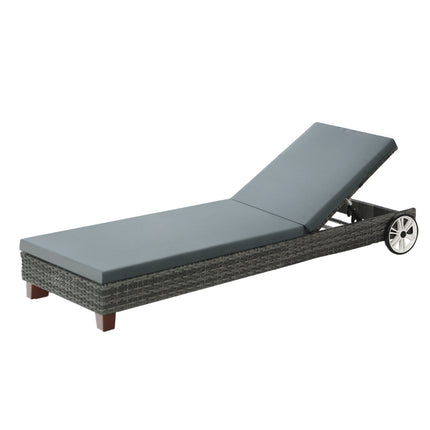 Gardeon Sun Lounge Wicker Lounger Outdoor Furniture Day Bed Wheels Patio Grey.
