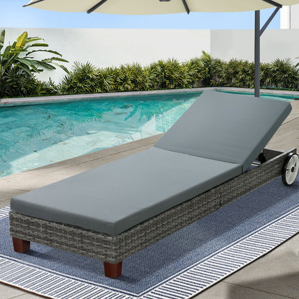 Gardeon Sun Lounge Wicker Lounger Outdoor Furniture Day Bed Wheels Patio Grey.