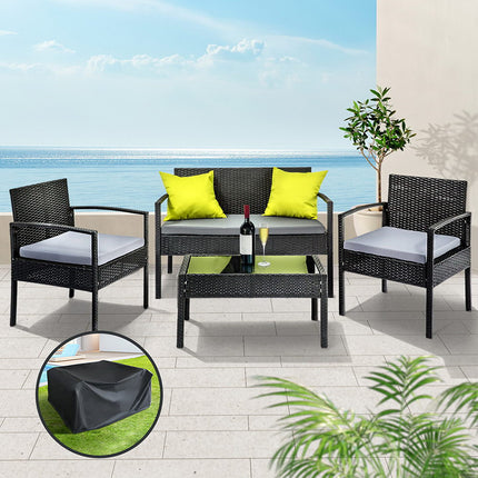 Gardeon Outdoor Sofa Set Wicker Lounge Setting Table and Chairs Storage Cover.