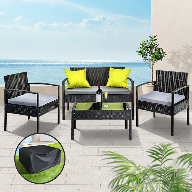 Gardeon Outdoor Sofa Set Wicker Lounge Setting Table and Chairs Storage Cover.