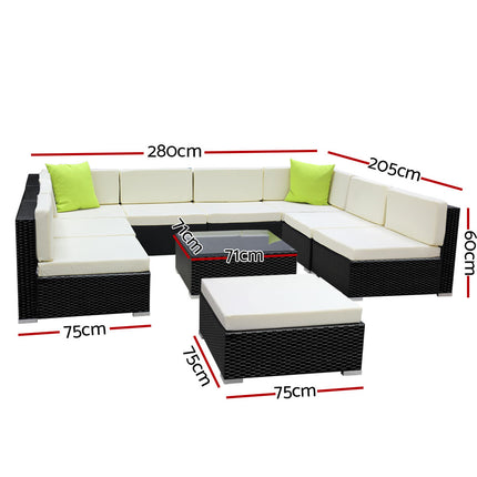 Gardeon 10-Piece Outdoor Sofa Set Wicker Couch Lounge Setting 9 Seater.