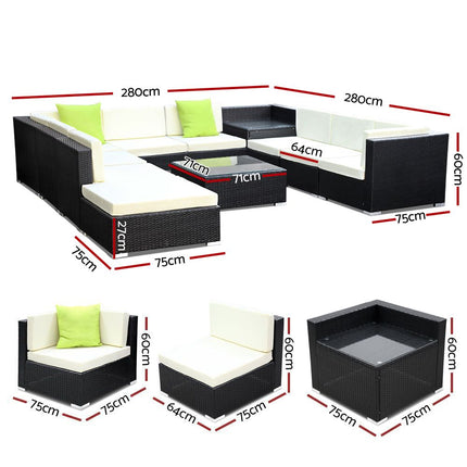 Gardeon 10-Piece Outdoor Sofa Set Wicker Couch Lounge Setting 9 Seater.