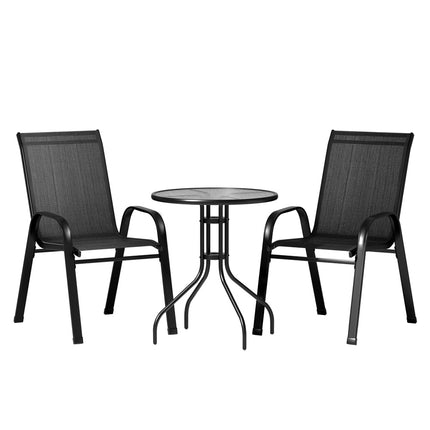 Gardeon 3PC Outdoor Bistro Set Table and Chairs Stackable Patio Furniture Black.