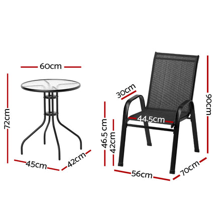 Gardeon 3PC Outdoor Bistro Set Table and Chairs Stackable Patio Furniture Black.