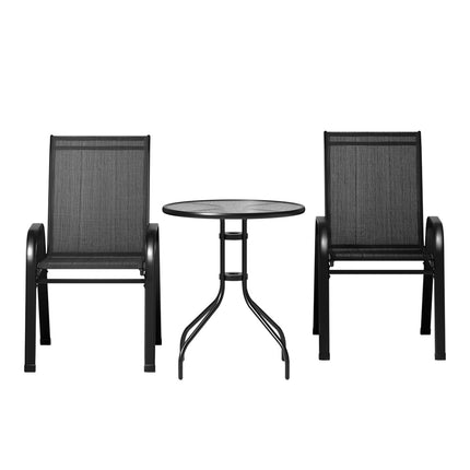 Gardeon 3PC Outdoor Bistro Set Table and Chairs Stackable Patio Furniture Black.