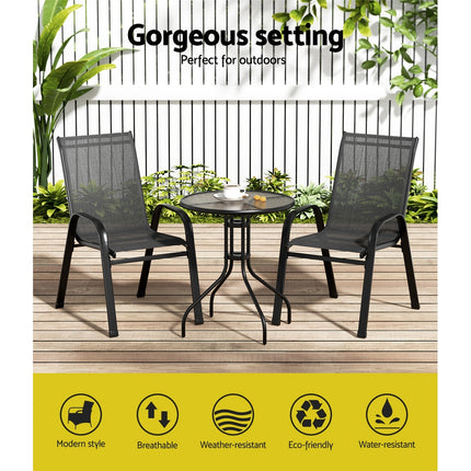 Gardeon 3PC Outdoor Bistro Set Table and Chairs Stackable Patio Furniture Black.