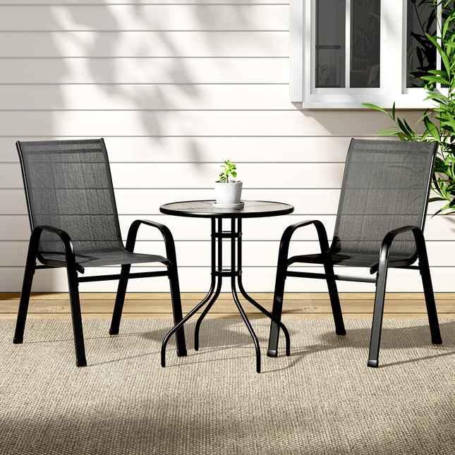 Gardeon 3PC Outdoor Bistro Set Table and Chairs Stackable Patio Furniture Black.