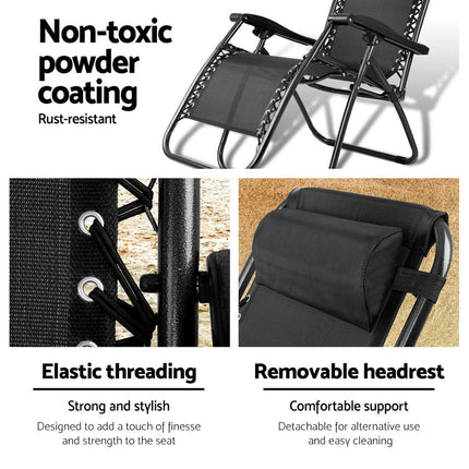 Gardeon Zero Gravity Chair Folding Outdoor Recliner Adjustable Sun Lounge Camping Black.