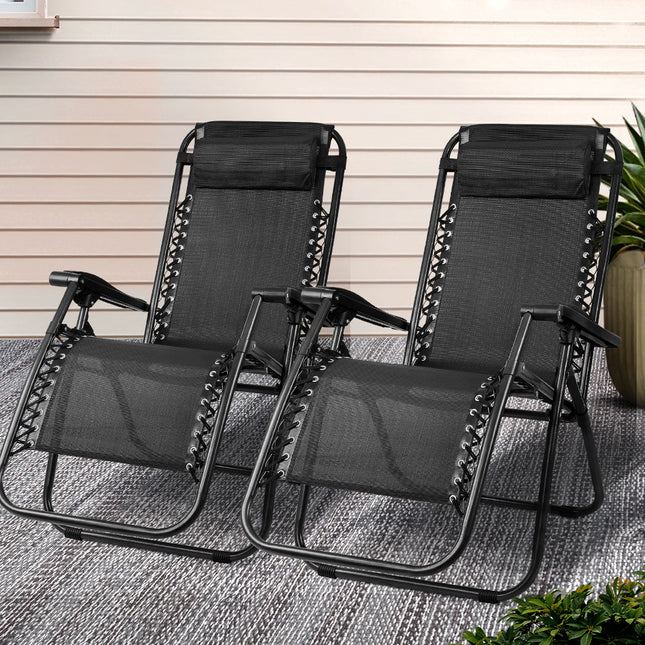 Gardeon 2PC Zero Gravity Chair Folding Outdoor Recliner Adjustable Sun Lounge Camping Black.