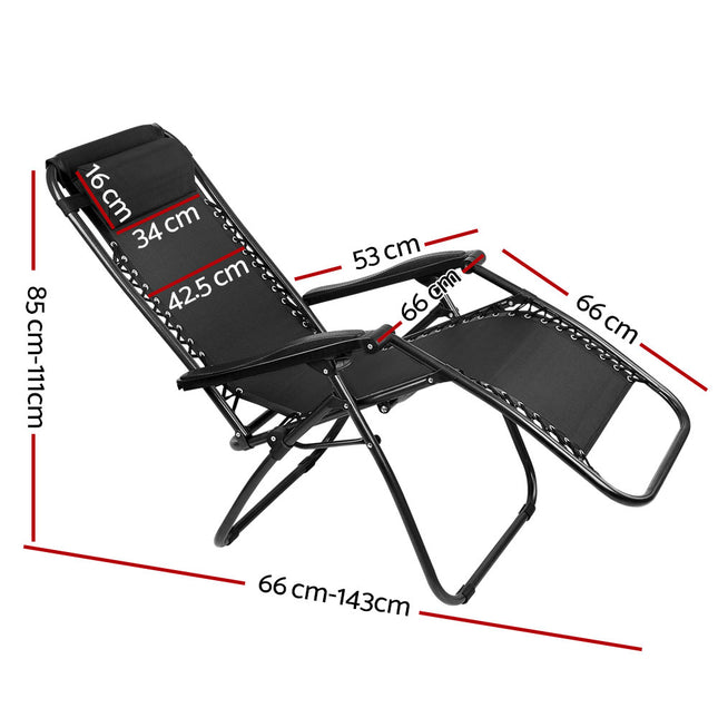Gardeon 2PC Zero Gravity Chair Folding Outdoor Recliner Adjustable Sun Lounge Camping Black.