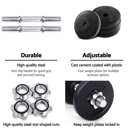 Everfit 10kg Dumbbell Set Weight Plates Dumbbells Lifting Bench.