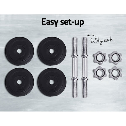 Everfit 10kg Dumbbell Set Weight Plates Dumbbells Lifting Bench.