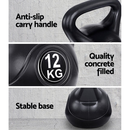 Everfit 12kg Kettlebell Set Weight Lifting Bench Dumbbells Kettle Bell Gym Home.
