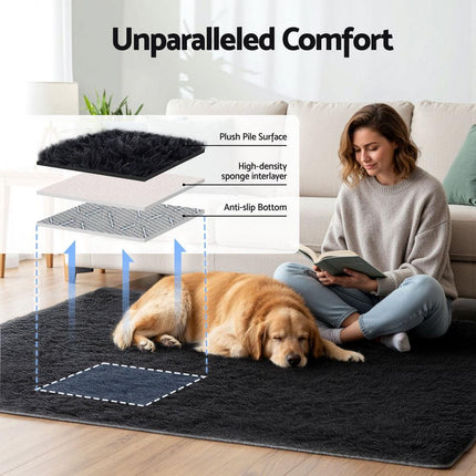 Artiss Floor Rug 140x200cm Plush Area Shaggy Rug Living Room Bedroom Carpet Black.
