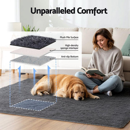 Artiss Floor Rug 140x200cm Plush Area Shaggy Rug Living Room Bedroom Carpet Grey.
