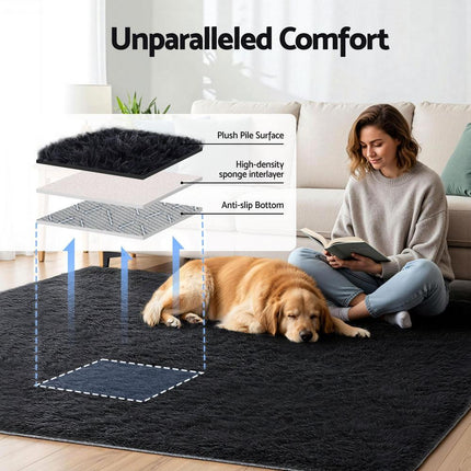 Artiss Floor Rug 200x230cm Plush Area Shaggy Rug Living Room Bedroom Carpet Black.