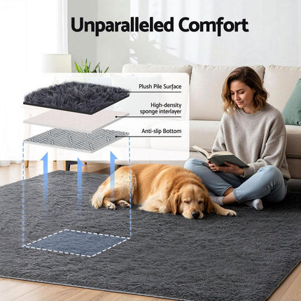 Artiss Floor Rug 200x230cm Plush Area Shaggy Rug Living Room Bedroom Carpet Grey.