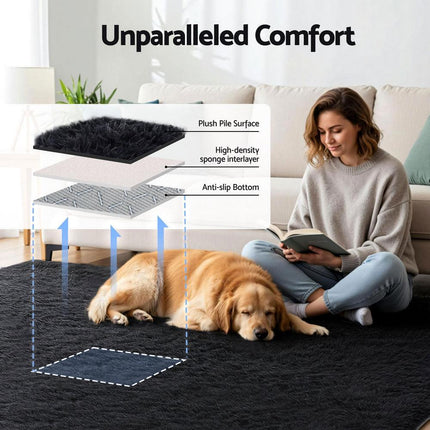 Artiss Floor Rug 200x290cm Plush Area Shaggy Rug Living Room Bedroom Carpet Black.