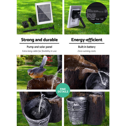 Gardeon Solar Water Feature Cascading Fountain 3-Tier Bucket LED light Bird 76CM.